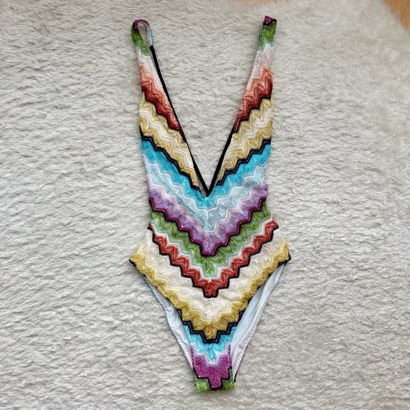 New Missoni Chevron Knit One-Piece Swimsuit Crochet Rainbow Bikini Rare 38 - Picture 14 of 16